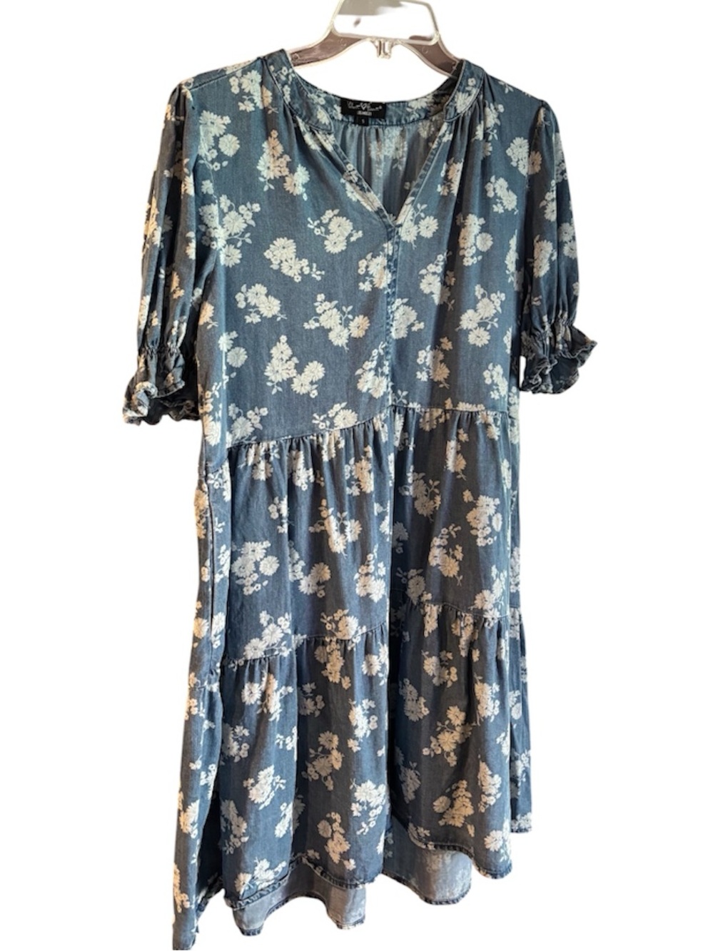 Velvet Heart  Blue Denim Ruffle-Sleeve Midi Dress with White Flowers